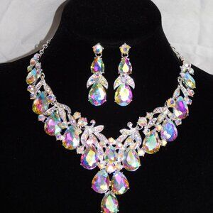 AB iridescent Necklace and Earrings Set shimmering color changing Crystal